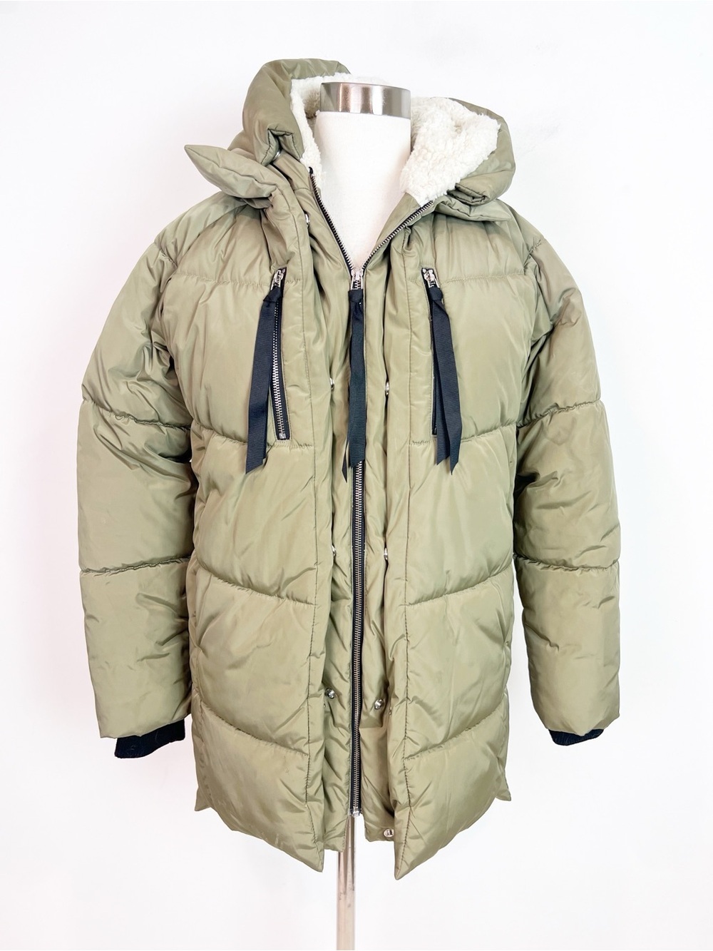 CHERTE KHAKI TAN ZIP FRONT PUFFER COAT FLEECE LINED HOOD WOMENS SZ XS